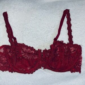 Chantelle Red Floral Lace Balconette Bra w/ Jewel